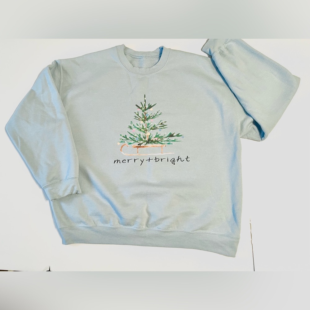 Merry + Bright Christmas Graphic Light Blue Sweatshirt - Picture 1 of 3